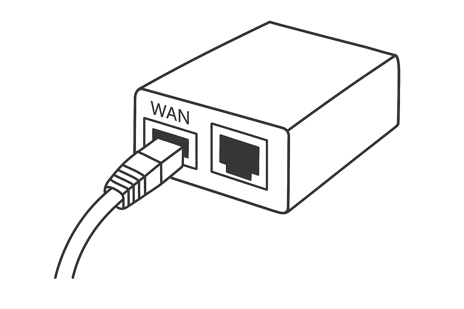 Close-up of a PoE adapter with a Cat6 cable connected to its WAN port.